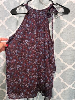 LOFT Burgundy Floral Halter Cami with Blue Accents